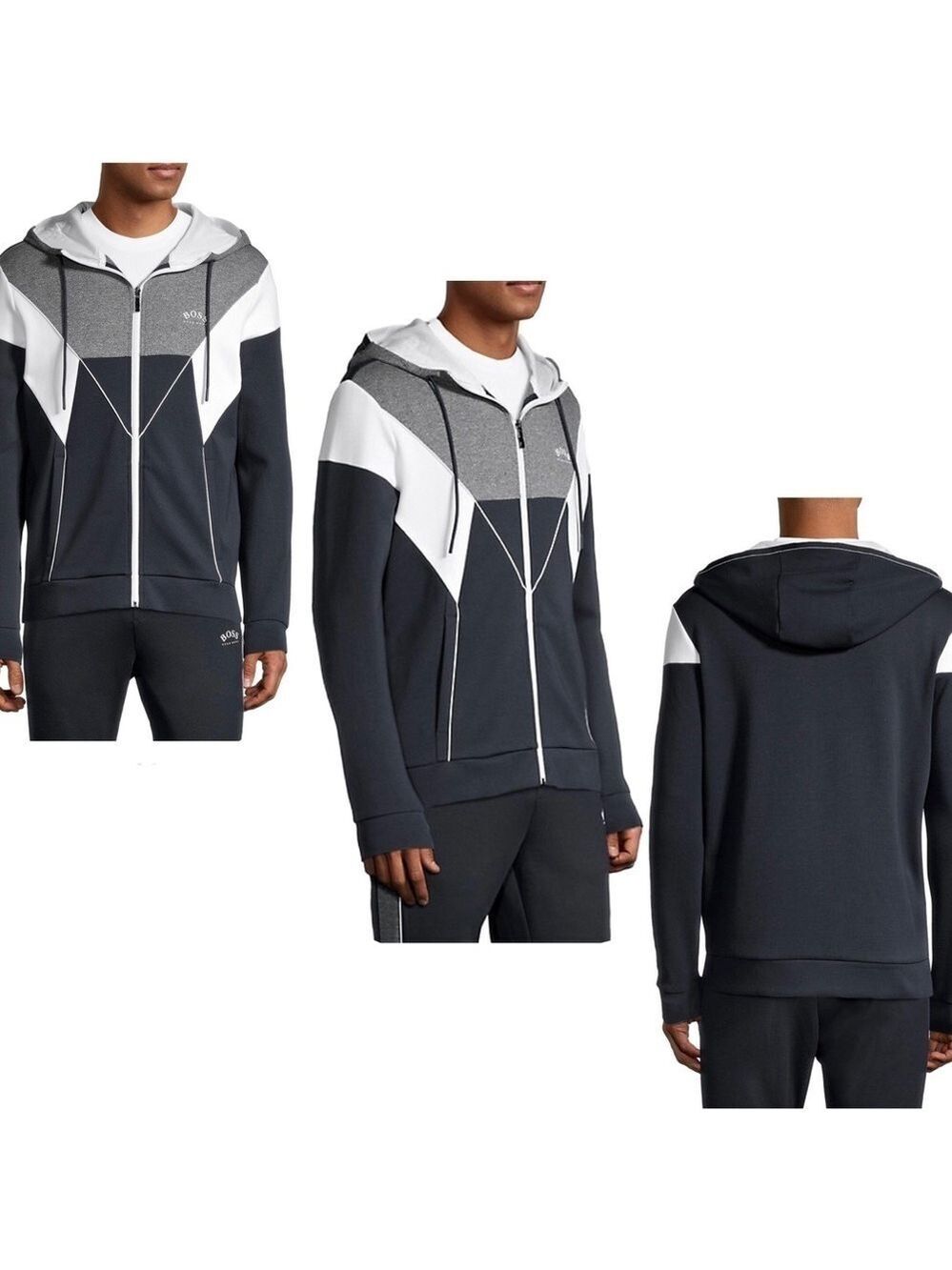 Boss men’s gray blue Colourblocked Cotton-Blend Hooded Sweatshirt Sz S